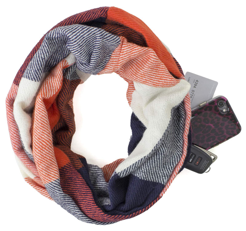 stylesilove Winter Plaid Infinity Scarf with Hidden Zipper Pocket Fashion Travel Scarf for Women and Men