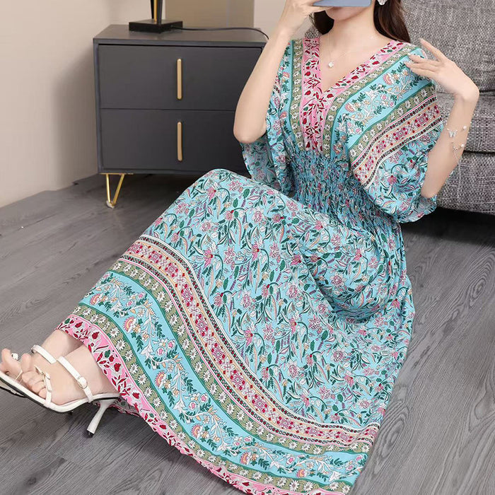 Ethnic Style V-neck Cotton Silk Short Sleeve French Thai Style