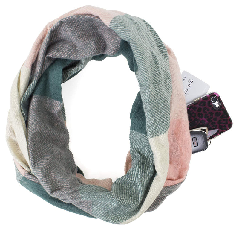 stylesilove Winter Plaid Infinity Scarf with Hidden Zipper Pocket Fashion Travel Scarf for Women and Men