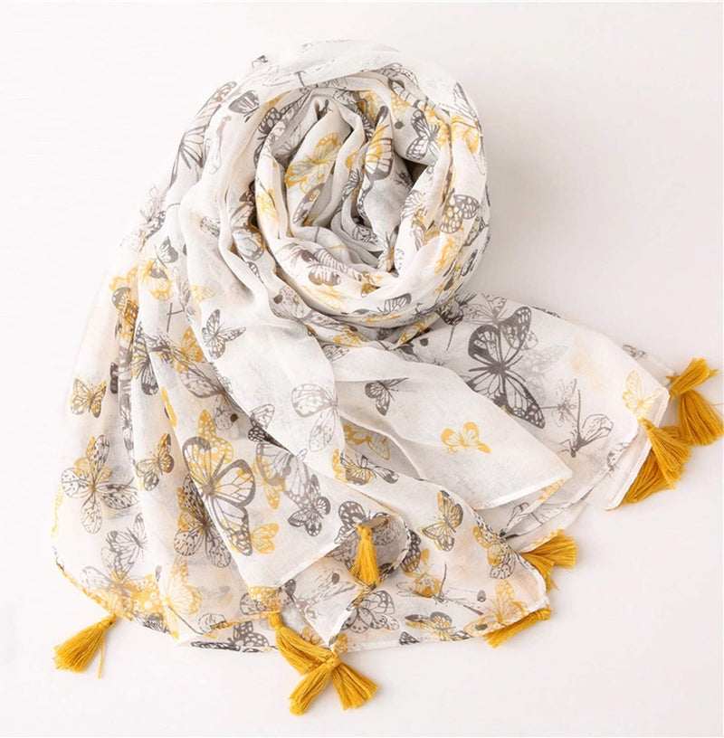stylesilove Spring Summer Yellow Grey Butterfly Printed Lightweight Tassel Cotton Scarf Wrap Shawl for Women Girls