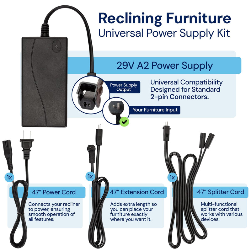 Universal Recliner Power Cord Replacement (2-Pin Adapter)