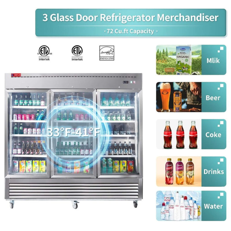 82" Commercial Stainless Steel Upright Display 3 Section Merchandiser Refrigerator (SAK15724)