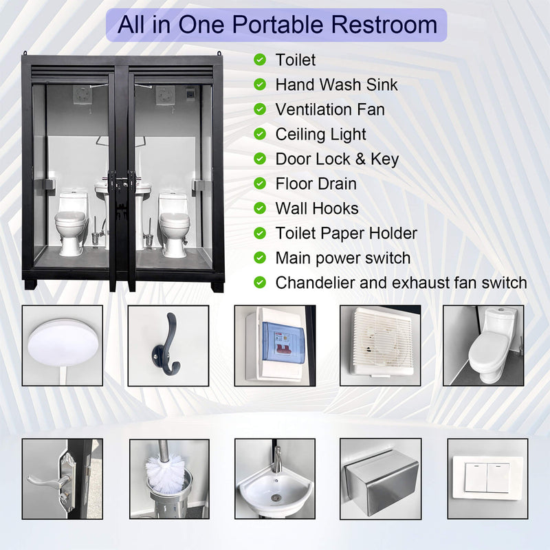 82-Inch Two-Person Portable Outdoor Toilet Cabin With Light, Sink And Fan (SAK50123)