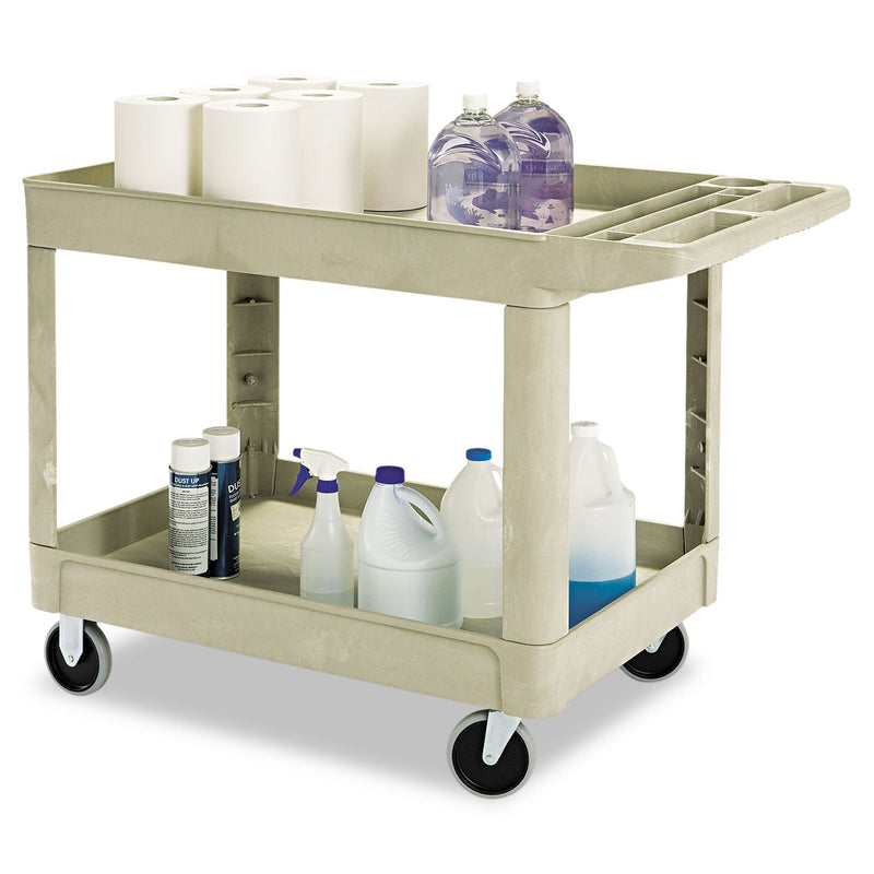 Rubbermaid Heavy-Duty Utility Cart with Lipped Shelves, Plastic, 2 Shelves, 500 lb Capacity, 25.9" x 45.2" x 32.2", Beige