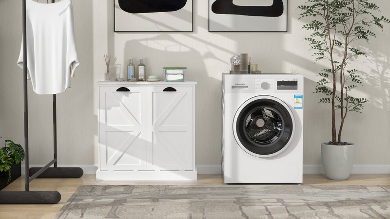 Two-Compartment Tilt-Out Laundry Sorter Cabinet-White