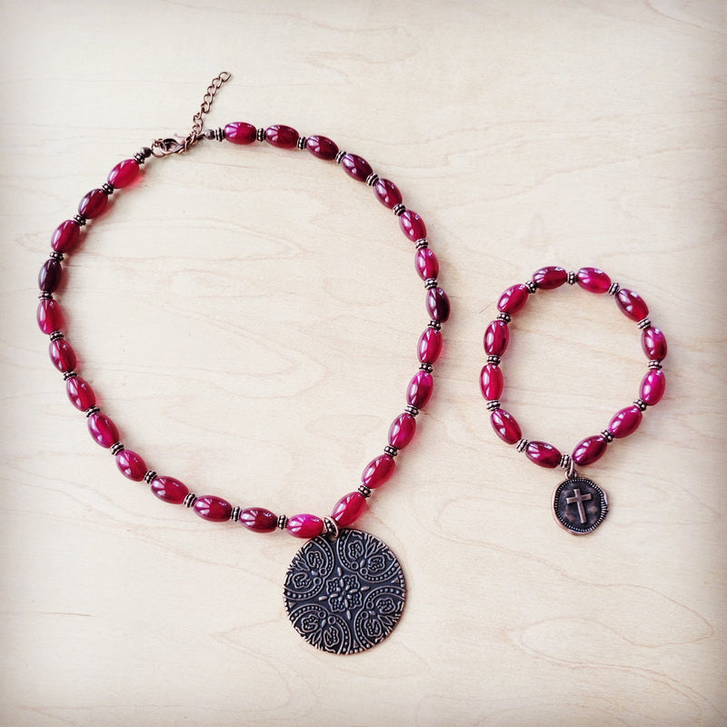 Natural Pink Jade Beaded Collar Necklace w/ Scroll Pendant 261L