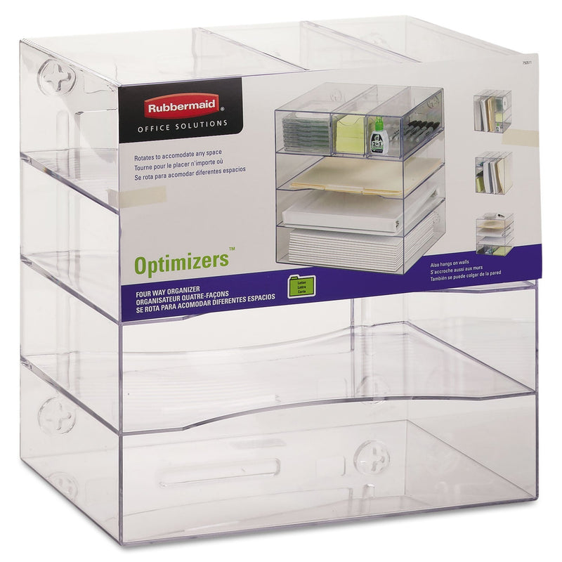 Rubbermaid Optimizers Four-Way Organizer with Drawers, 6 Compartments, 2 Drawers, Plastic, 10 x 13.25 x 13.25, Clear