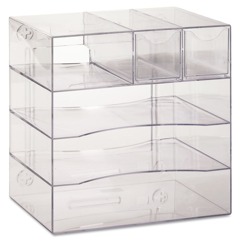 Rubbermaid Optimizers Four-Way Organizer with Drawers, 6 Compartments, 2 Drawers, Plastic, 10 x 13.25 x 13.25, Clear