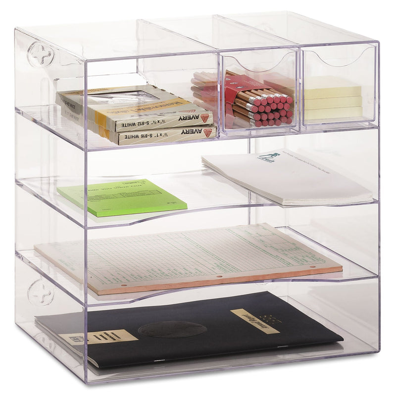 Rubbermaid Optimizers Four-Way Organizer with Drawers, 6 Compartments, 2 Drawers, Plastic, 10 x 13.25 x 13.25, Clear