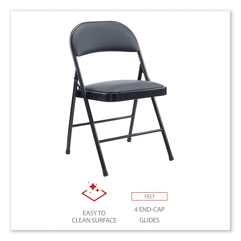 Alera PU Padded Folding Chair, Supports Up to 250 lb, Black Seat/Back, Black Base, 4/Carton