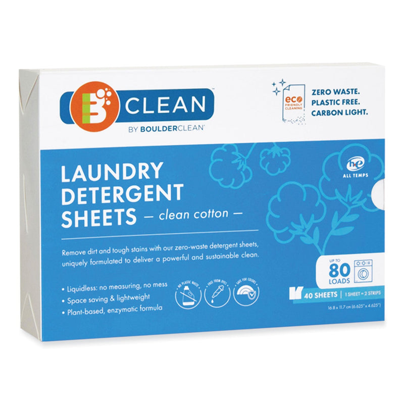 Boulder Clean Laundry Detergent Sheets, Clean Cotton, 40/Pack, 12 Packs/Carton