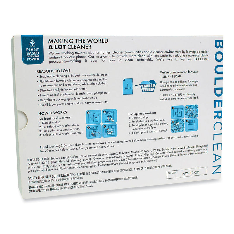 Boulder Clean Laundry Detergent Sheets, Free and Clear, 40/Pack, 12 Packs/Carton