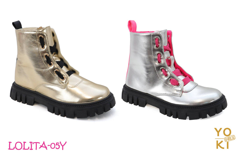 LOLITA- Girls Metallic Lace Up Combat Boot