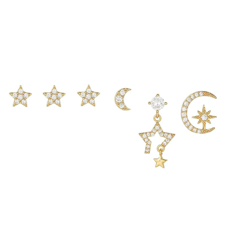 Stacking 6 Pieces Celestial Star & Moon Earring Set, 18k Gold Plated Stud & Drop, S925 Needle, Stacked Lobe Designs with Dazzling Zirconia