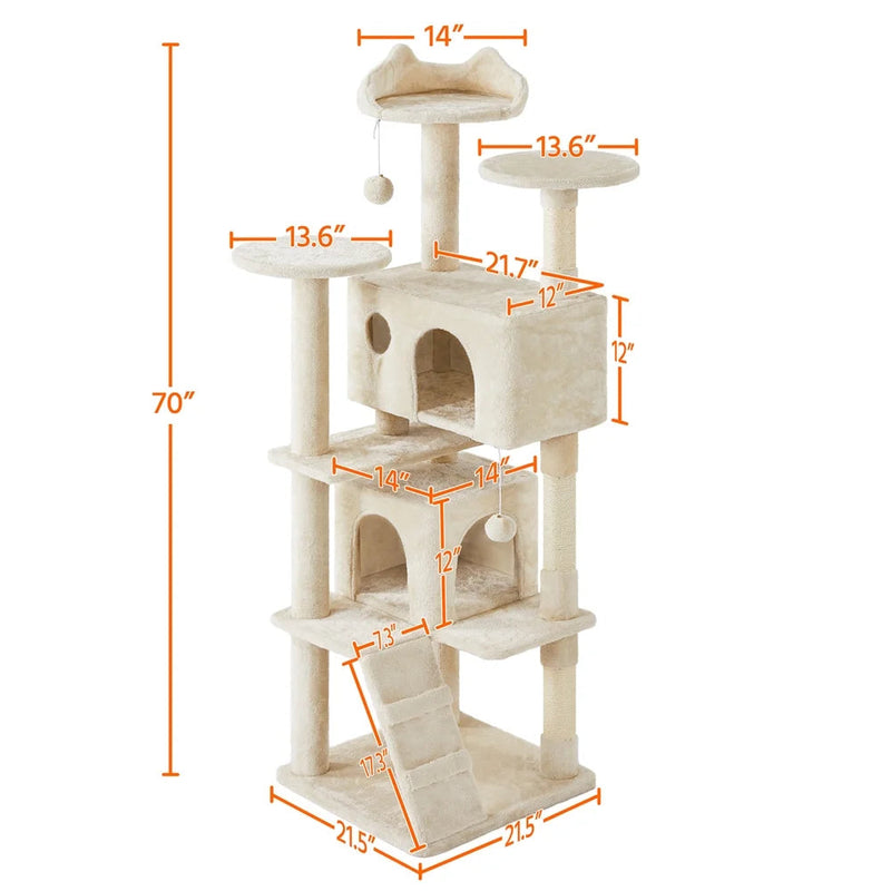 Ultimate 70" Double Condo Cat Tree with Scratching Posts - Creamy Comfort for Your Feline Friends!