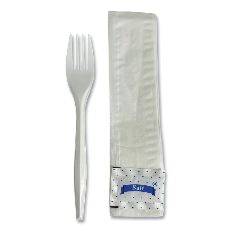 Boardwalk Three-Piece Utensil Set, Fork/Napkin/Salt Packet, White, 500/Carton