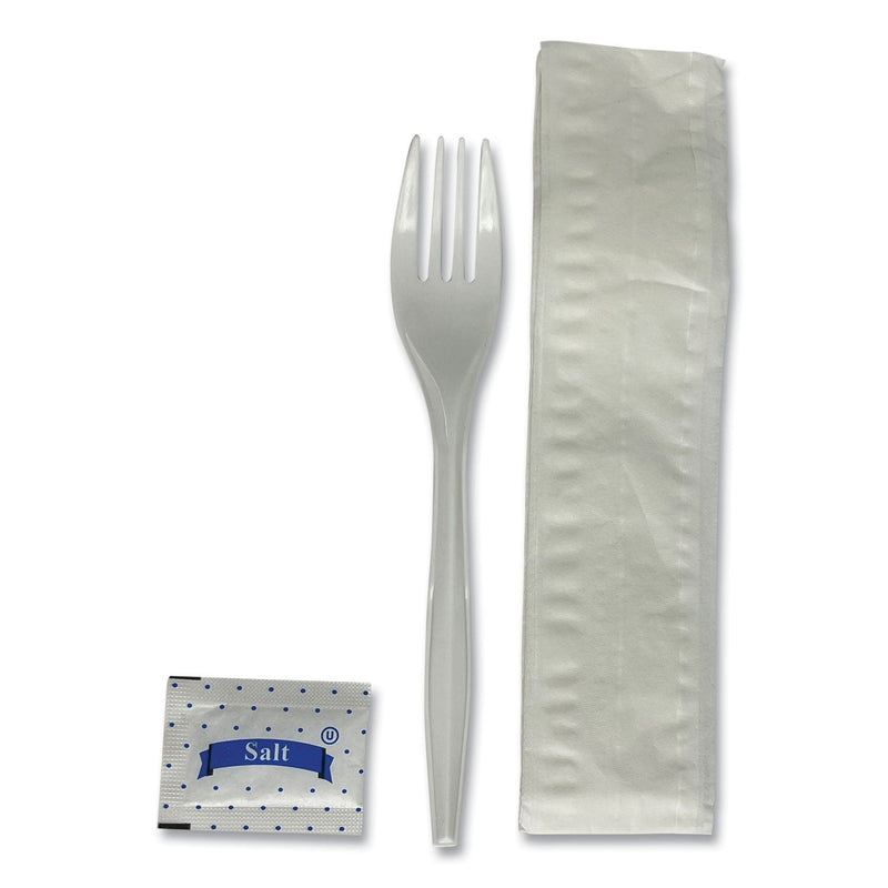 Boardwalk Three-Piece Utensil Set, Fork/Napkin/Salt Packet, White, 500/Carton