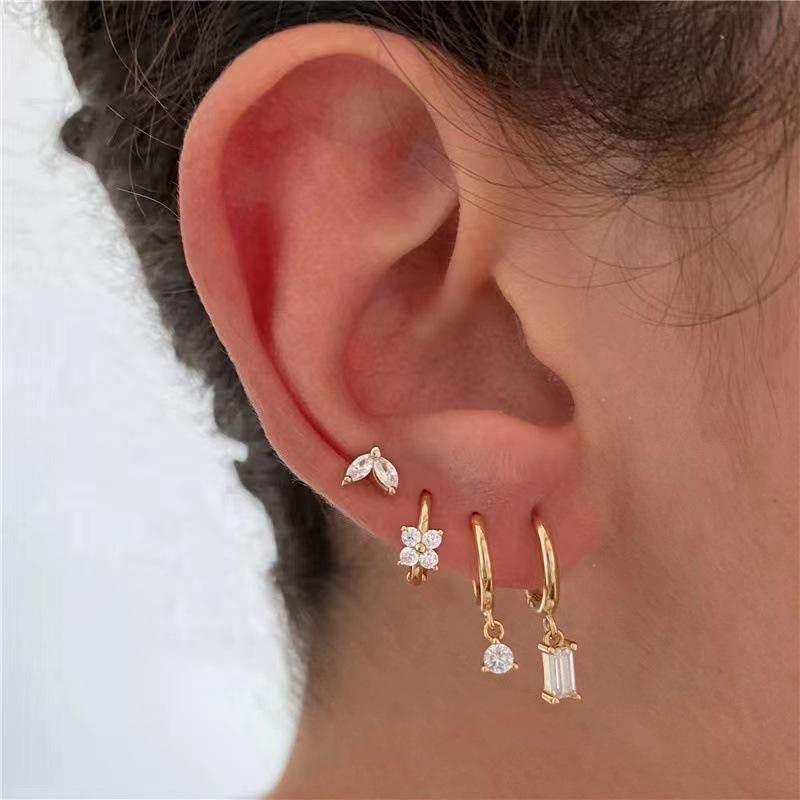 Stacking 4 Pieces Geometric Zircon Stud Earring Set, 18k Gold Plated Ear Studs and Drops, Trendy Sweet Cool Earrings, S925 Needle, Stacked Lobe Designs with Dazzling Zirconia