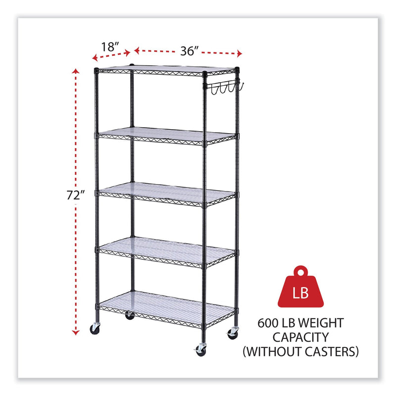 Alera 5-Shelf Wire Shelving Kit with Casters and Shelf Liners, 36w x 18d x 72h, Black Anthracite
