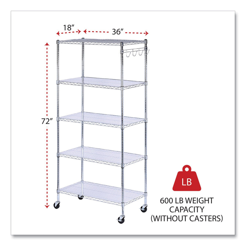 Alera 5-Shelf Wire Shelving Kit with Casters and Shelf Liners, 36w x 18d x 72h, Silver