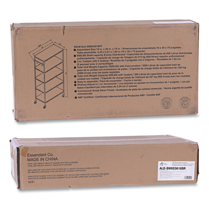 Alera 5-Shelf Wire Shelving Kit with Casters and Shelf Liners, 36w x 18d x 72h, Silver