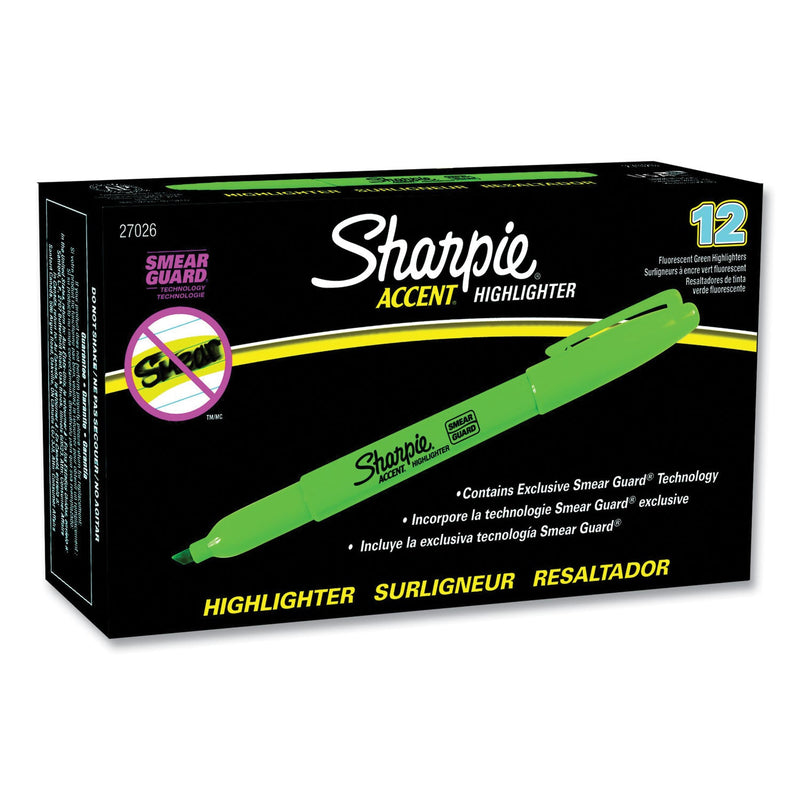 Sharpie Pocket Style Highlighters, Fluorescent Green Ink, Chisel Tip, Green Barrel, Dozen
