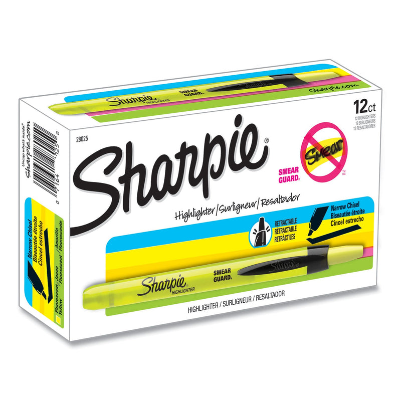 Sharpie Retractable Highlighters, Fluorescent Yellow Ink, Chisel Tip, Yellow/Black Barrel, Dozen