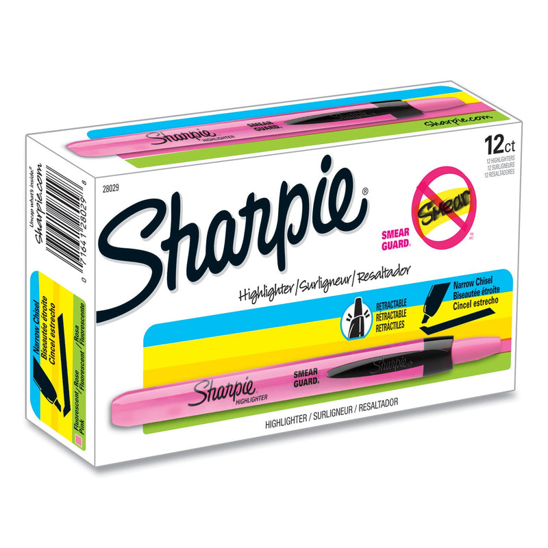 Sharpie Retractable Highlighters, Fluorescent Pink Ink, Chisel Tip, Pink/Black Barrel, Dozen