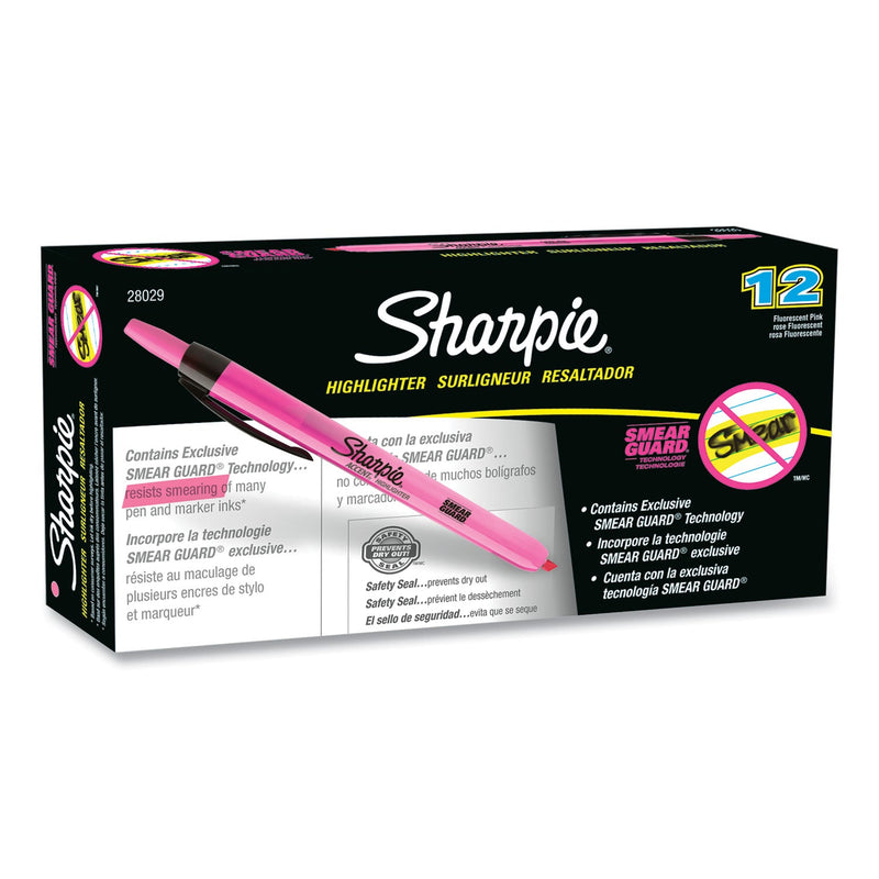 Sharpie Retractable Highlighters, Fluorescent Pink Ink, Chisel Tip, Pink/Black Barrel, Dozen