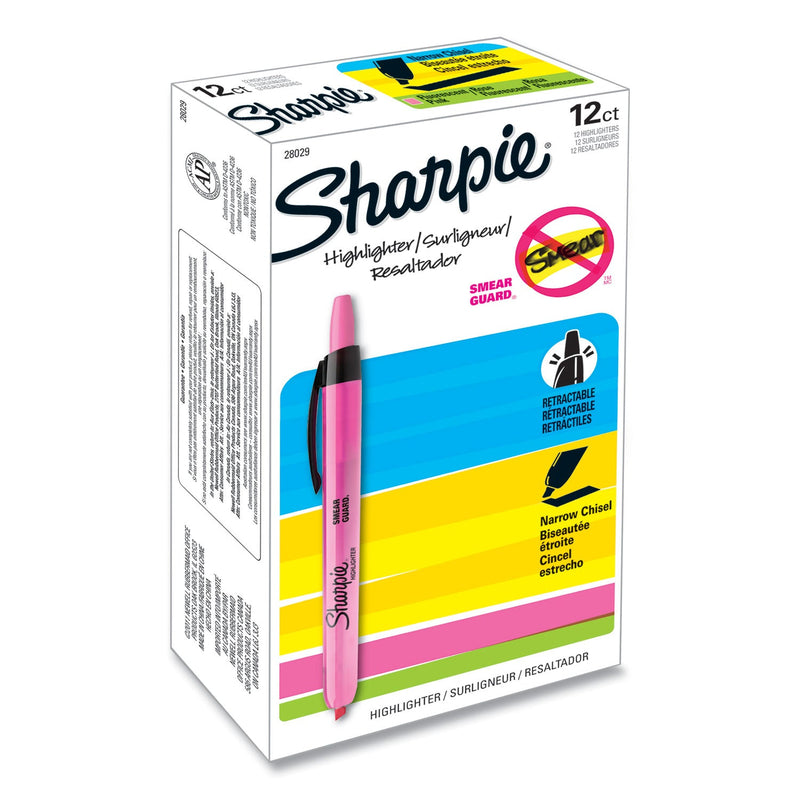 Sharpie Retractable Highlighters, Fluorescent Pink Ink, Chisel Tip, Pink/Black Barrel, Dozen