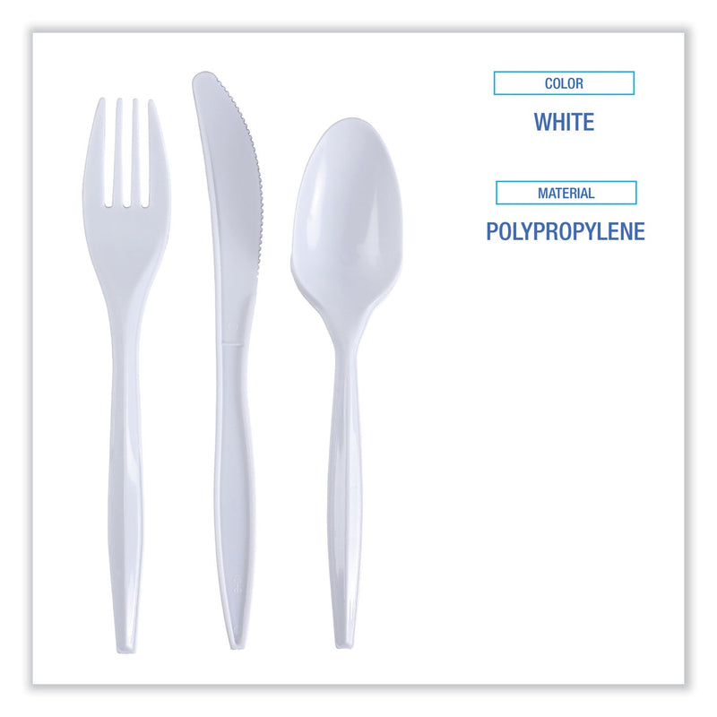 Boardwalk Three-Piece Cutlery Kit, Fork/Knife/Teaspoon, Polypropylene, White, 250/Carton