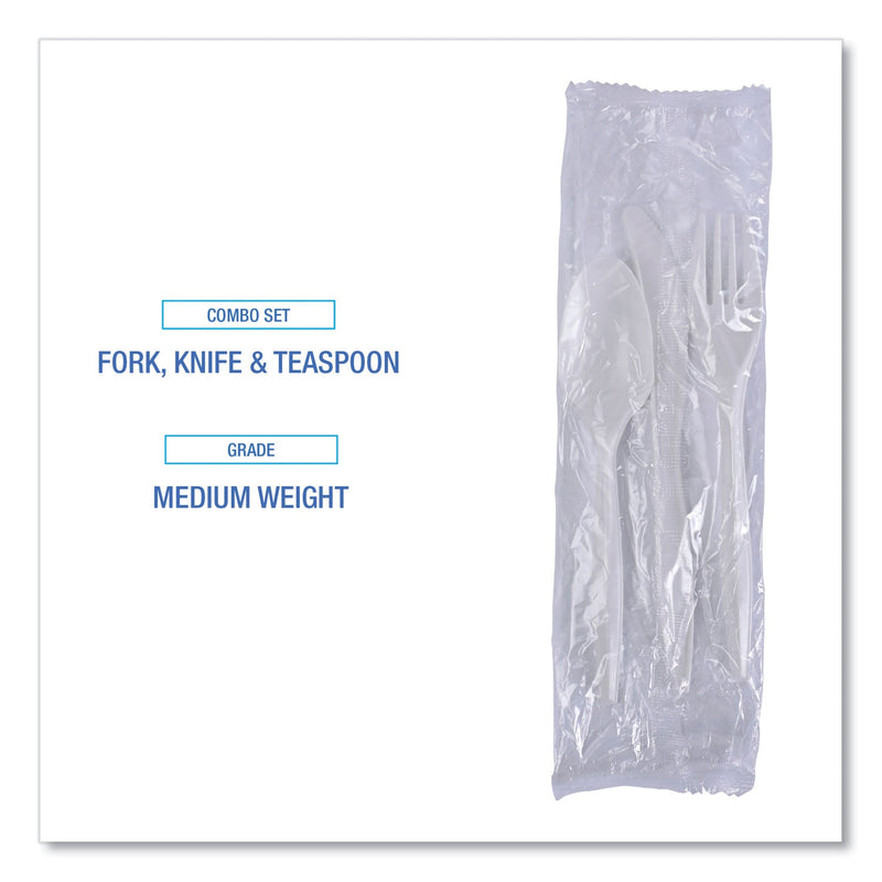 Boardwalk Three-Piece Cutlery Kit, Fork/Knife/Teaspoon, Polypropylene, White, 250/Carton