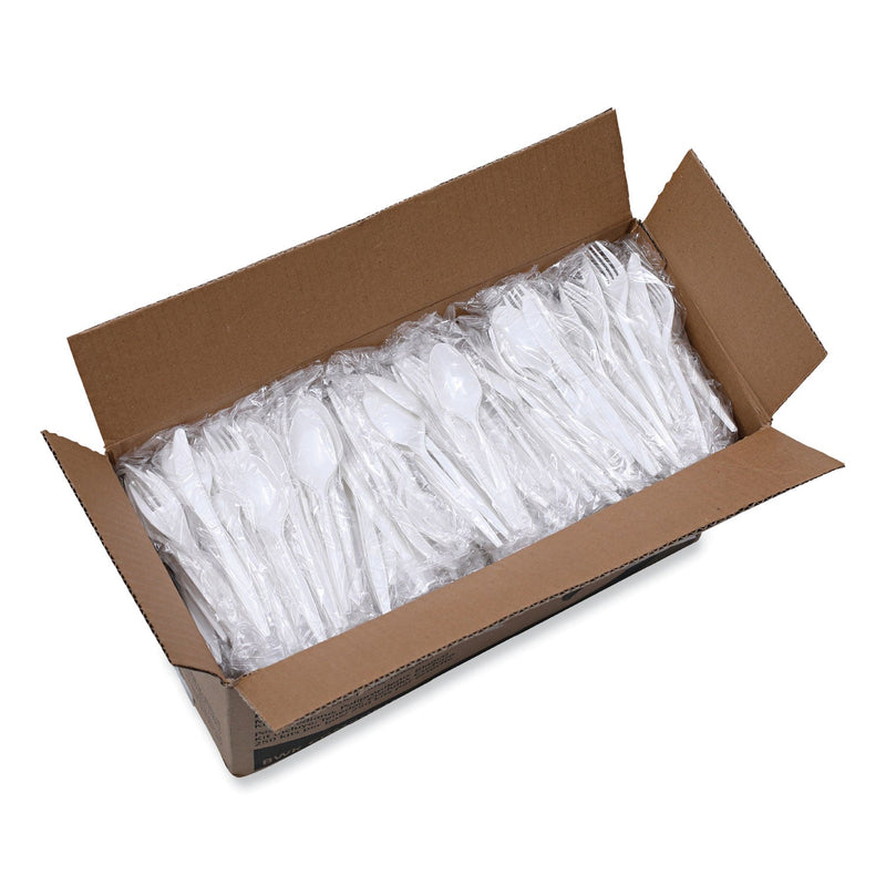 Boardwalk Three-Piece Cutlery Kit, Fork/Knife/Teaspoon, Polypropylene, White, 250/Carton