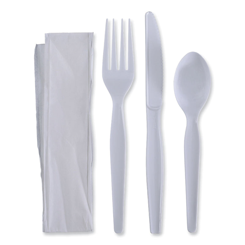 Boardwalk Four-Piece Cutlery Kit, Fork/Knife/Napkin/Teaspoon, Heavyweight, White, 250/Carton