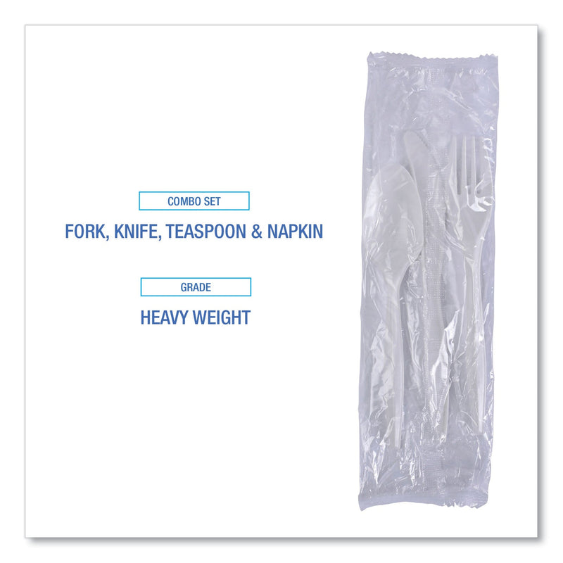 Boardwalk Four-Piece Cutlery Kit, Fork/Knife/Napkin/Teaspoon, Heavyweight, White, 250/Carton