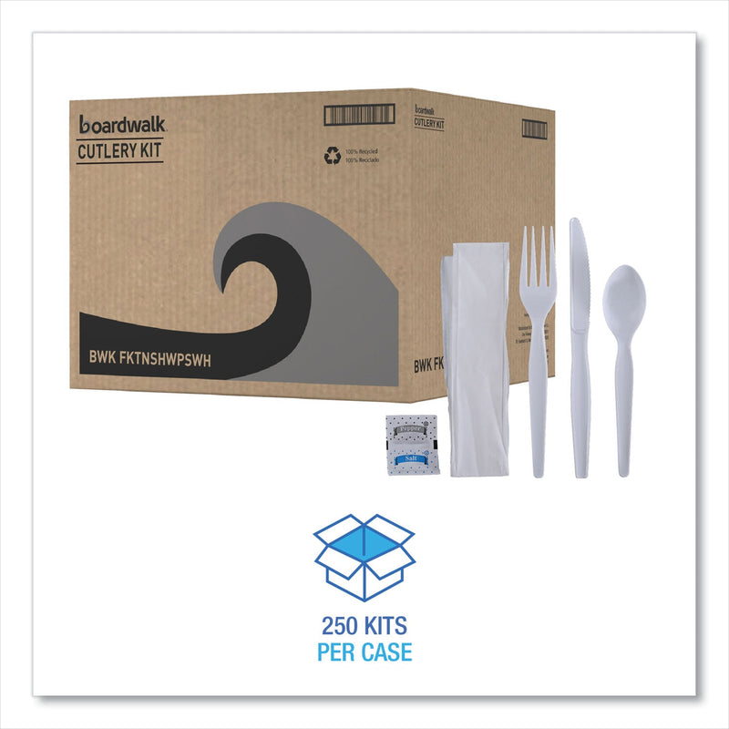 Boardwalk Six-Piece Cutlery Kit, Condiment/Fork/Knife/Napkin/Spoon, Heavyweight, White, 250/Carton