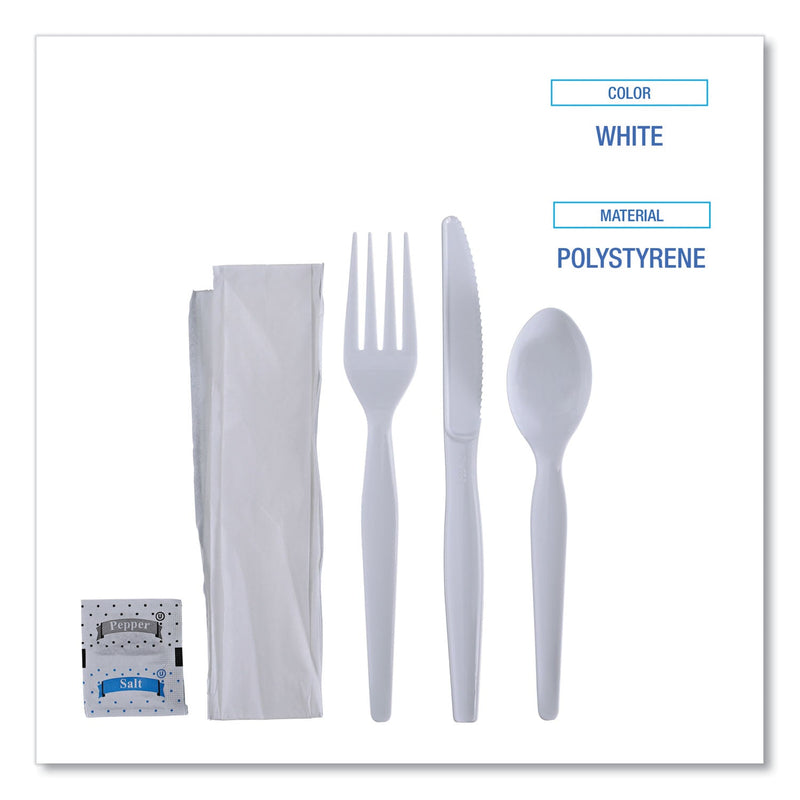 Boardwalk Six-Piece Cutlery Kit, Condiment/Fork/Knife/Napkin/Spoon, Heavyweight, White, 250/Carton