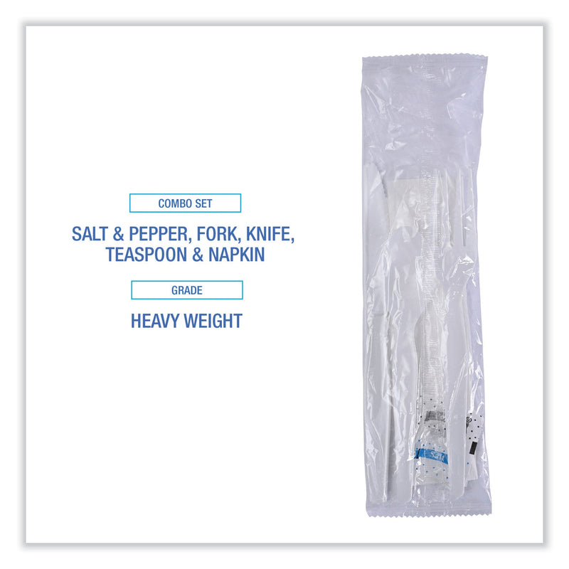 Boardwalk Six-Piece Cutlery Kit, Condiment/Fork/Knife/Napkin/Spoon, Heavyweight, White, 250/Carton