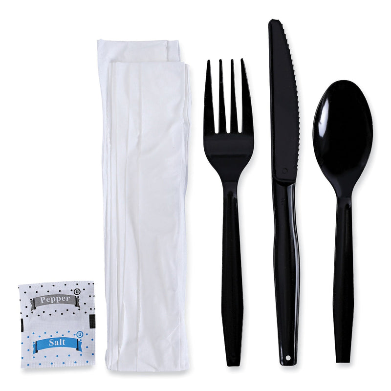 Boardwalk Six-Piece Cutlery Kit, Condiment/Fork/Knife/Napkin/Teaspoon, Black, 250/Carton