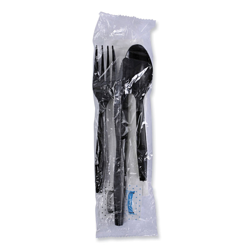 Boardwalk Six-Piece Cutlery Kit, Condiment/Fork/Knife/Napkin/Teaspoon, Black, 250/Carton