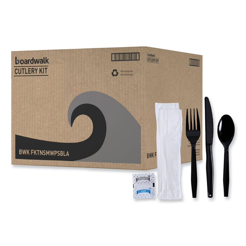 Boardwalk Six-Piece Cutlery Kit, Condiment/Fork/Knife/Napkin/Teaspoon, Black, 250/Carton