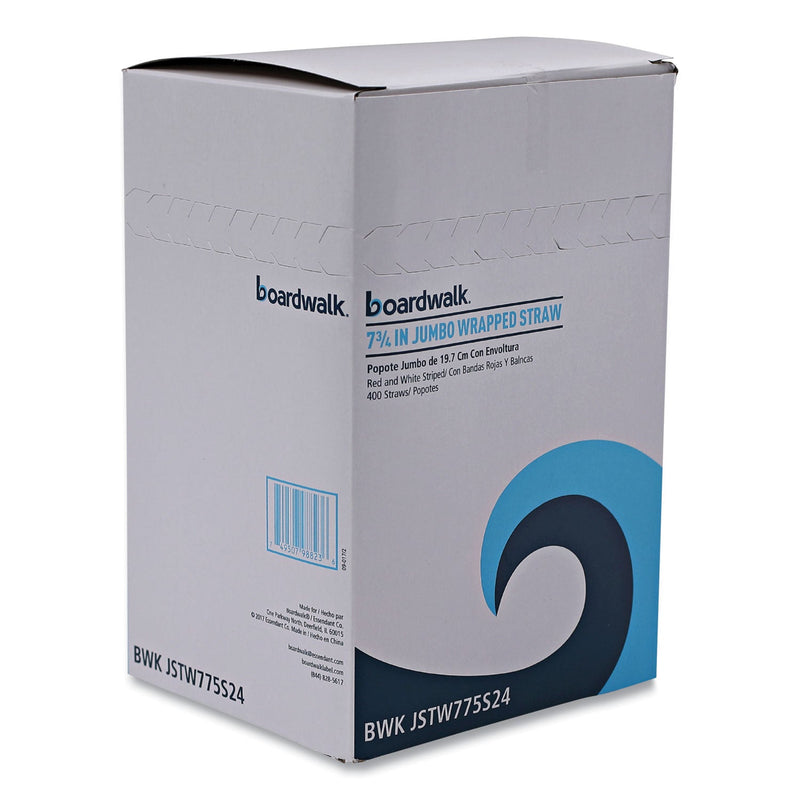 Boardwalk Wrapped Jumbo Straws, 7.75", Plastic, Red w/White Stripe, 400/Pack, 25 Packs/Carton