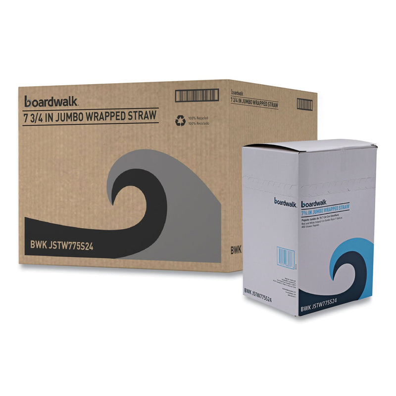 Boardwalk Wrapped Jumbo Straws, 7.75", Plastic, Red w/White Stripe, 400/Pack, 25 Packs/Carton