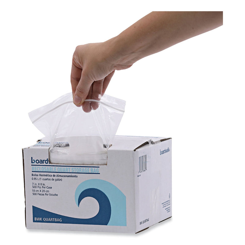 Boardwalk Reclosable Food Storage Bags, 1 qt, 1.75 mil, 7" x 8", Clear, 500/Box