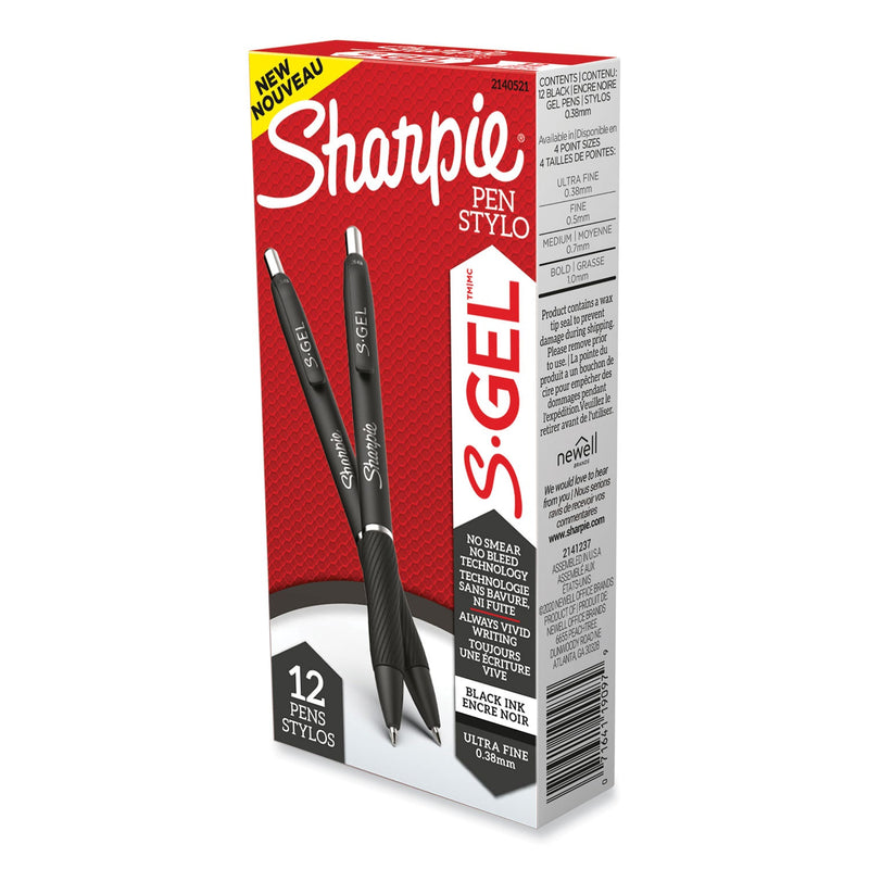 Sharpie S-Gel High-Performance Gel Pen, Retractable, Extra-Fine 0.38 mm, Black Ink, Black Barrel, Dozen
