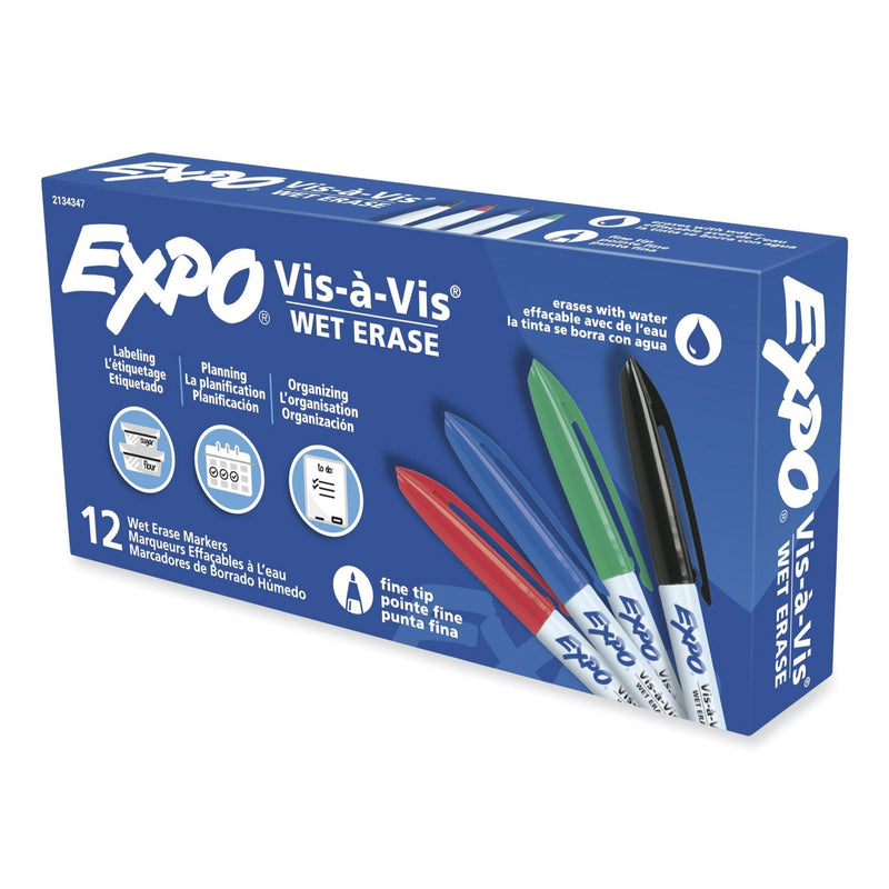 EXPO Vis-a-Vis Wet Erase Marker, Fine Bullet Tip, Assorted, Dozen