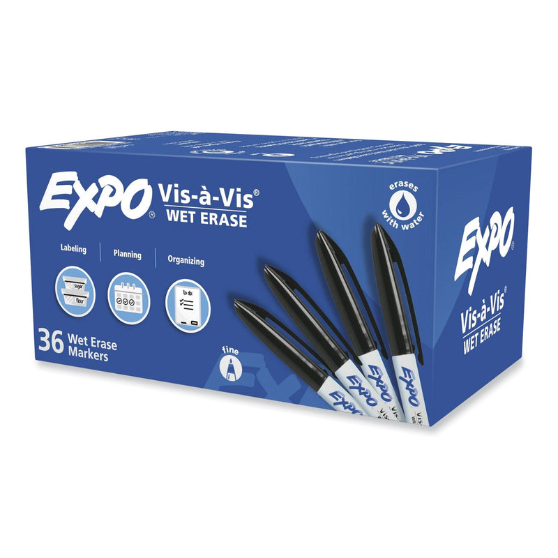 EXPO Vis-a-Vis Wet Erase Marker, Fine Bullet Tip, Black, 36/Pack