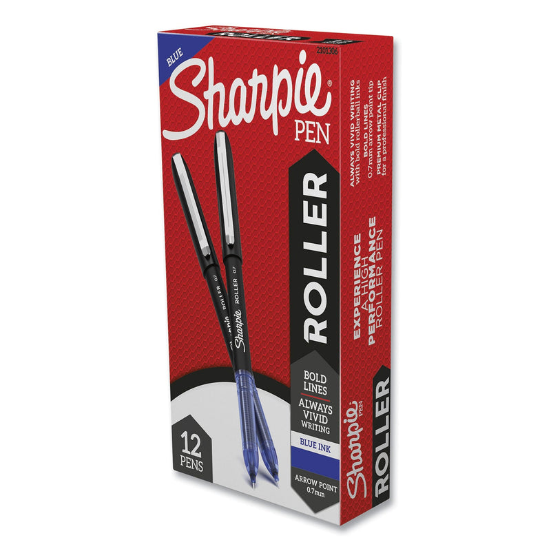 Sharpie Professional Design Roller Ball Pen, Stick, Medium 0.7 mm, Blue Ink, Black Barrel, Dozen
