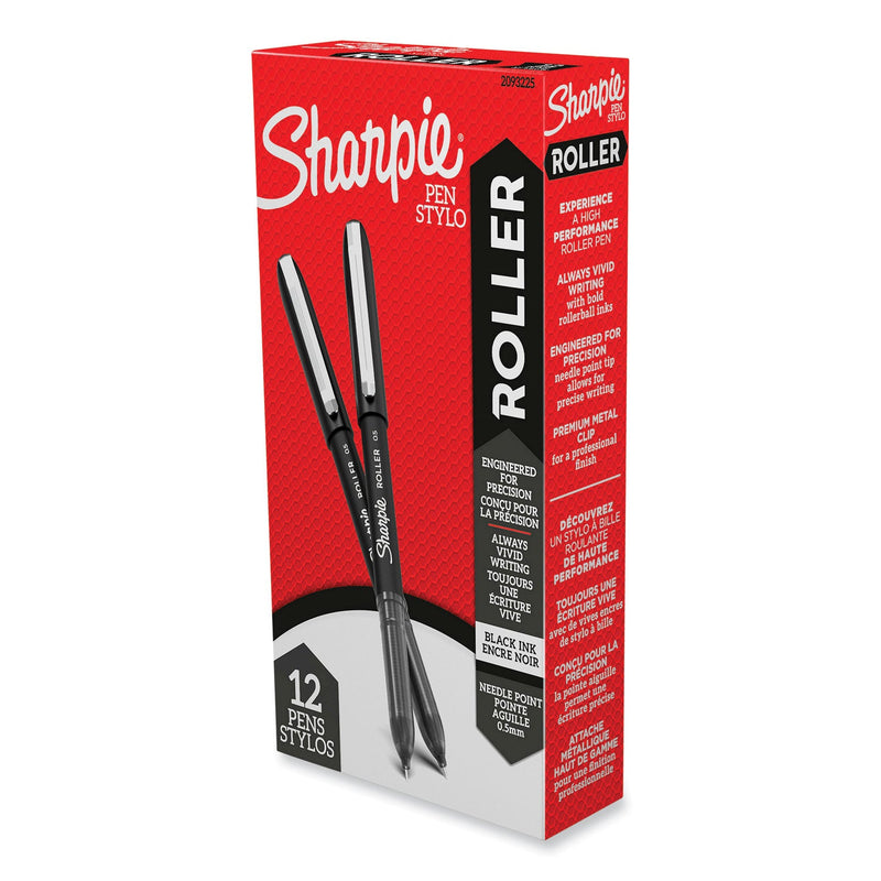 Sharpie Professional Design Roller Ball Pen, Stick, Fine 0.5 mm, Black Ink, Black Barrel, Dozen