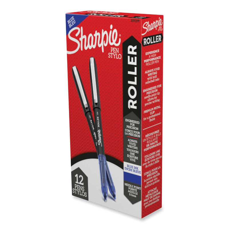 Sharpie Professional Design Roller Ball Pen, Stick, Fine 0.5 mm, Blue Ink, Black Barrel, Dozen